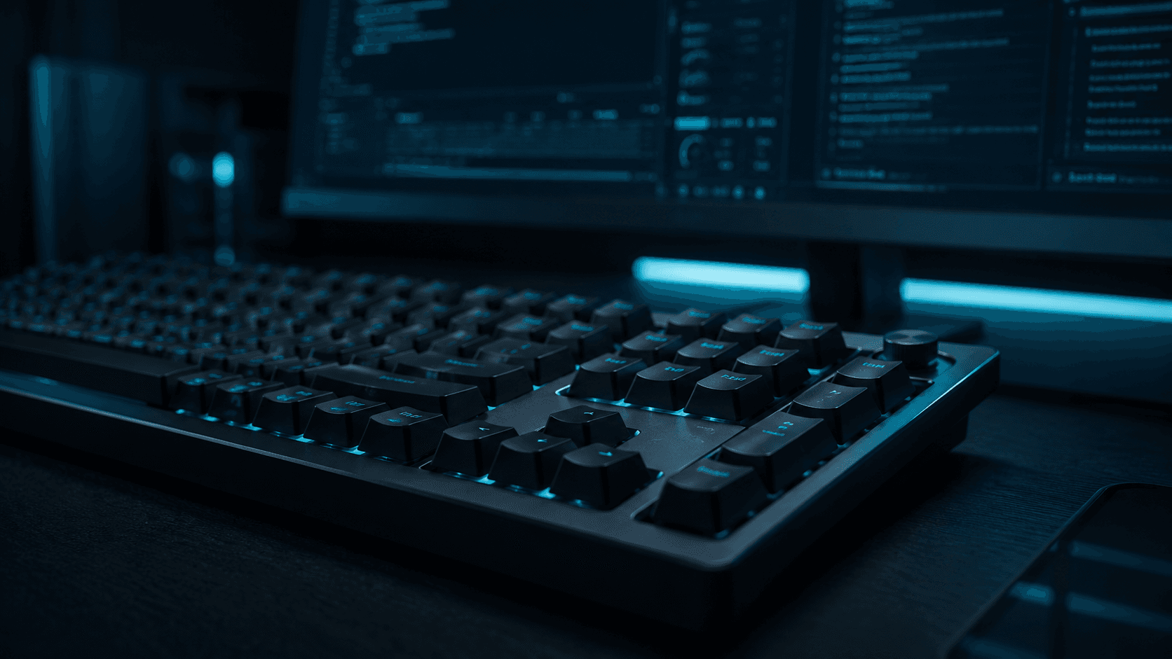Teclado mecánico con retroiluminación teal y un monitor con código de fondo, en un escritorio oscuro.