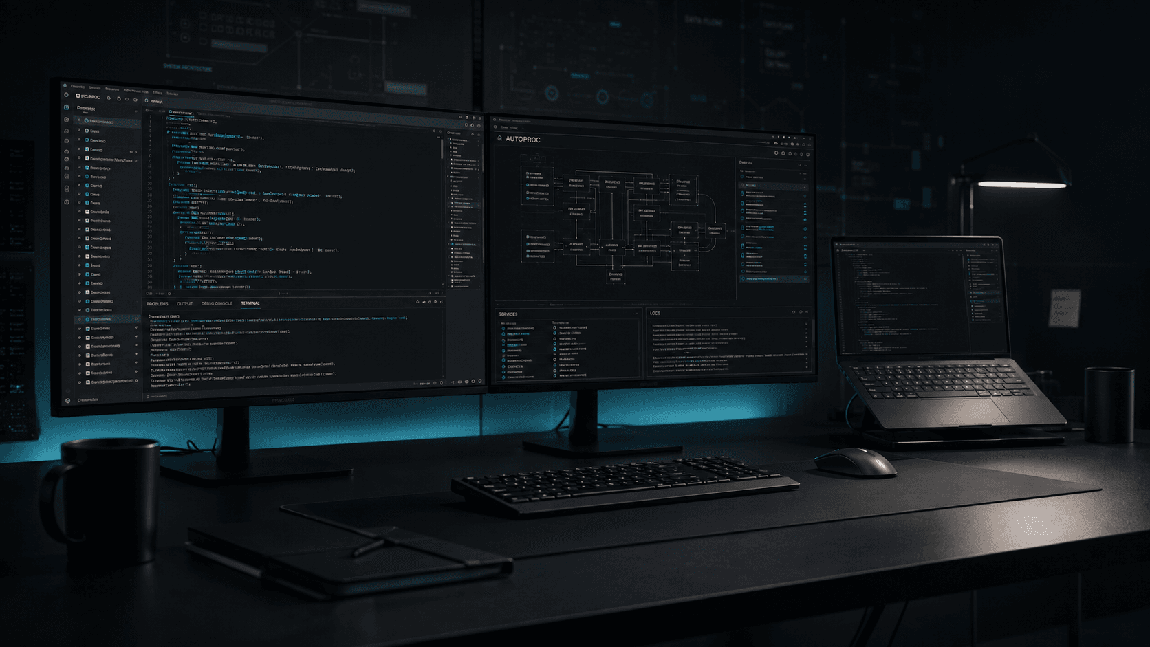 Escritorio de desarrollo con doble monitor mostrando código en un editor, una terminal y un diagrama de arquitectura.