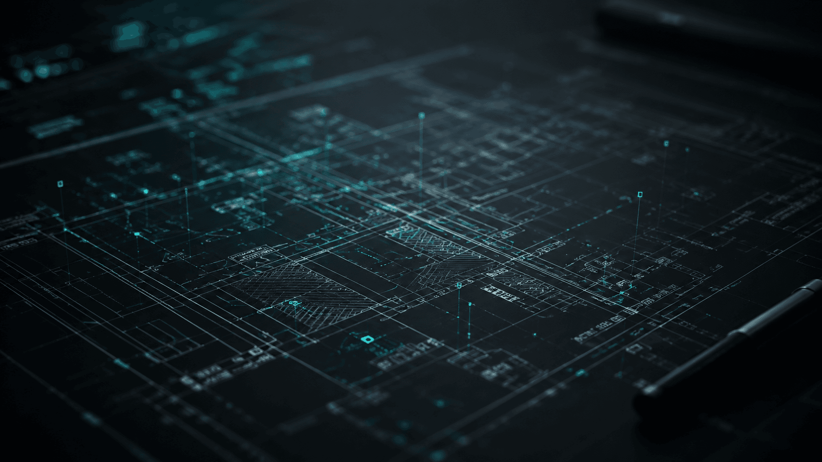 Plano técnico oscuro tipo blueprint con líneas, cuadrículas y puntos luminosos que representan el análisis de procesos.
