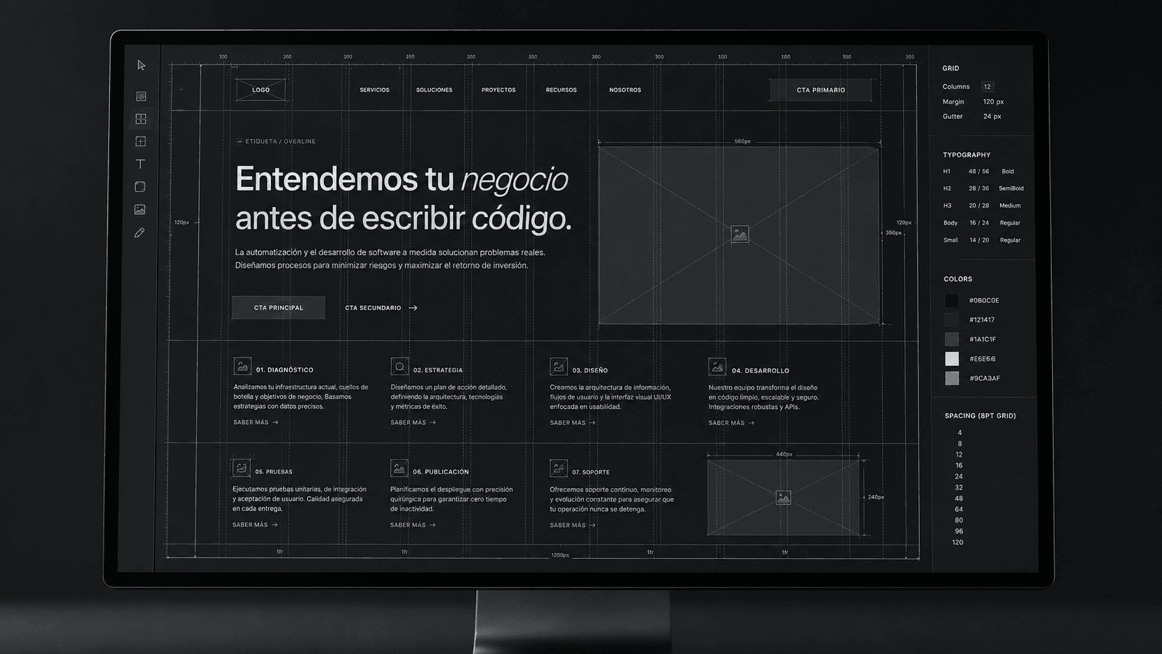 Monitor mostrando el wireframe de una interfaz con grilla, medidas, tipografías y cajas de layout.