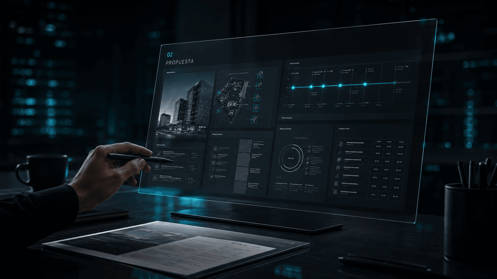 Panel holográfico de propuesta con roadmap, diagramas y una tabla de alcance, revisado con un stylus.