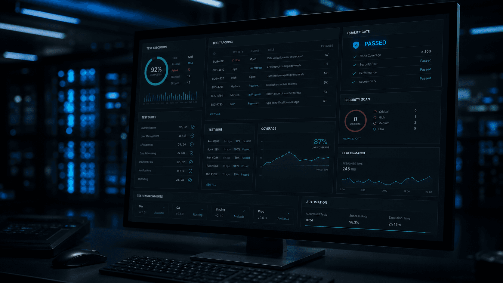 Dashboard de control de calidad con ejecución de tests, seguimiento de bugs, quality gate aprobado y cobertura.