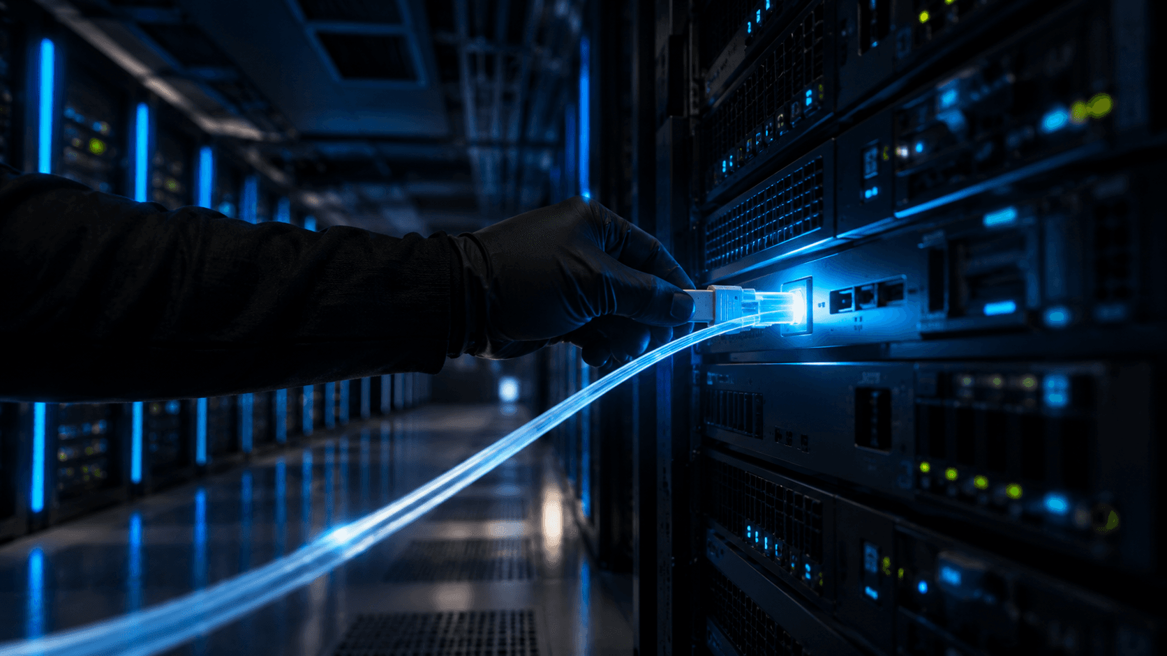 Datacenter con racks de servidores y una mano conectando un cable de fibra óptica iluminado en azul.