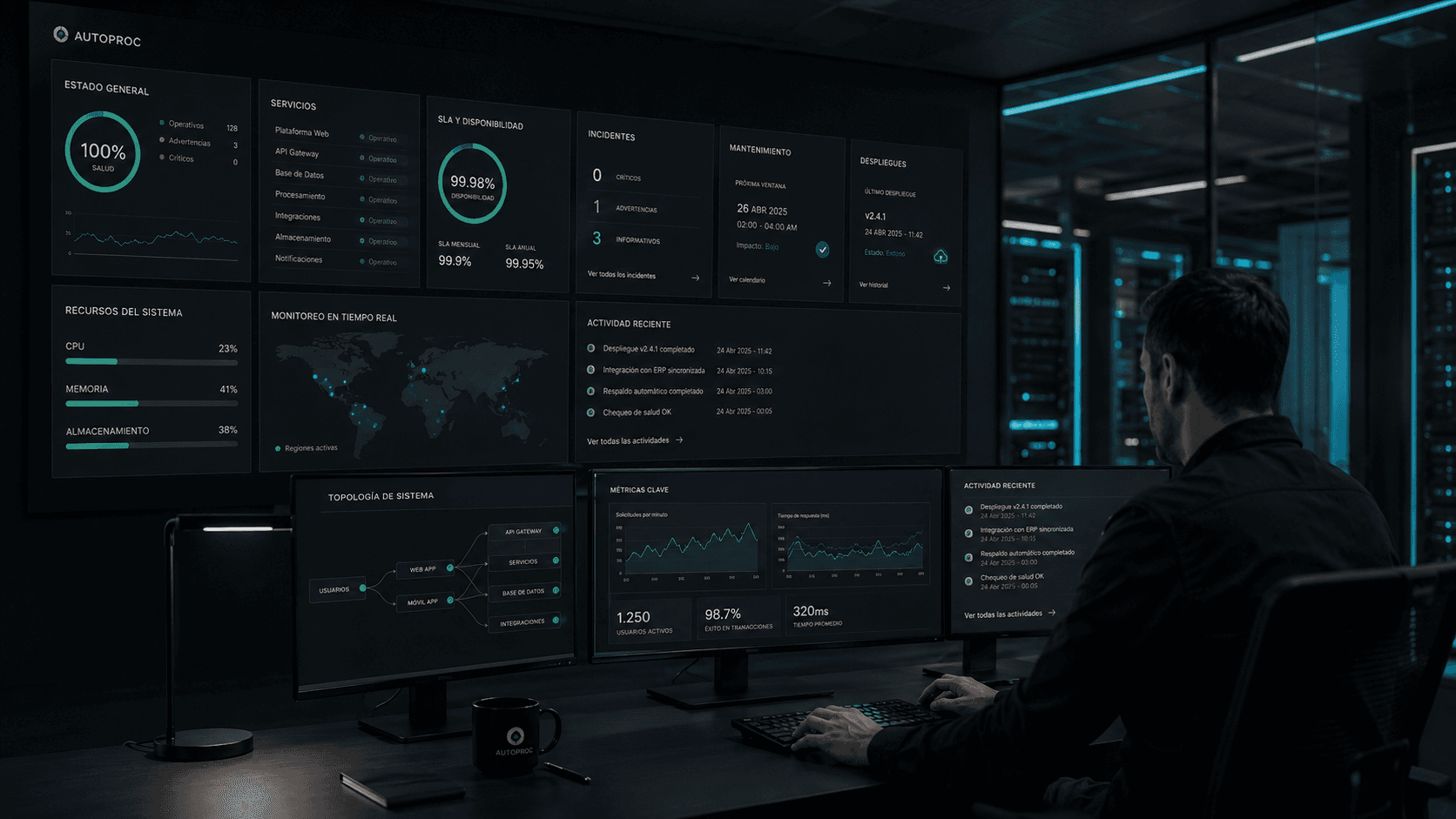 Centro de operaciones con una persona monitoreando una pared de dashboards de estado, SLA, incidentes y despliegues.