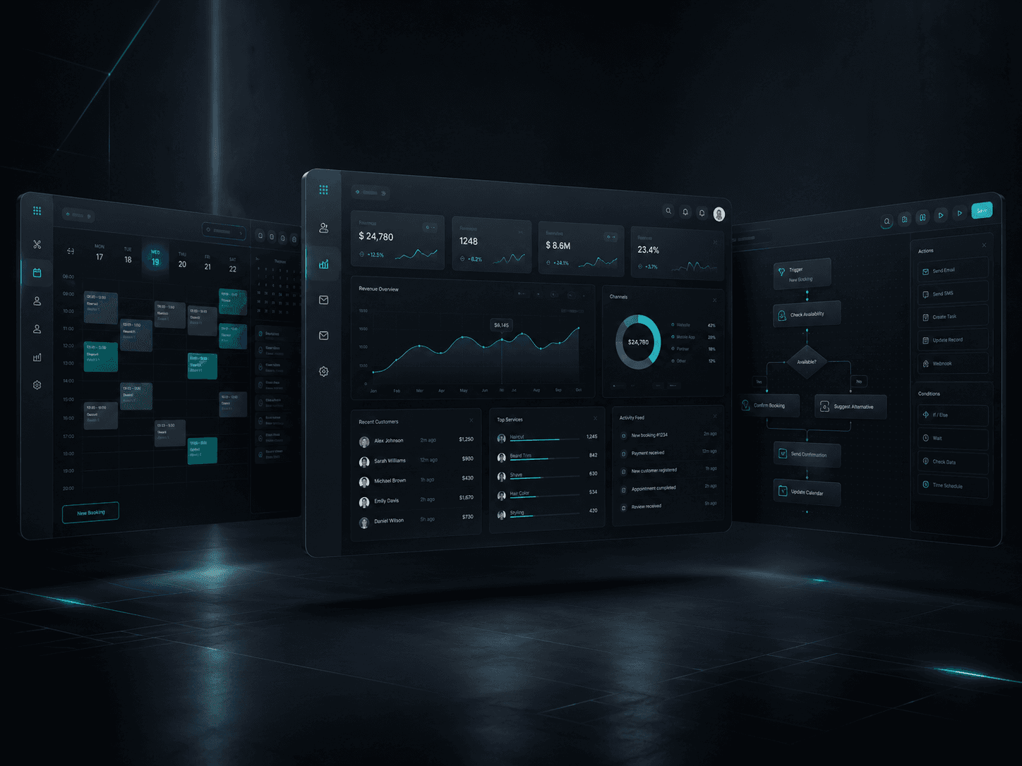 Tres interfaces de software flotando: agenda de reservas, dashboard con métricas y flujo de automatización, sobre un fondo grafito con acentos teal.